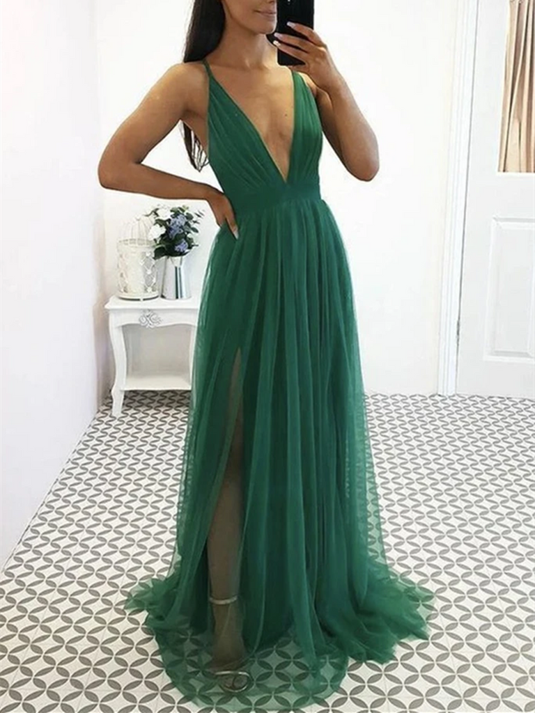 Sexy Deep V Neck Green Tulle Long Prom ...